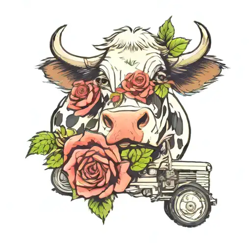 Cow With A Rose And A Tractor