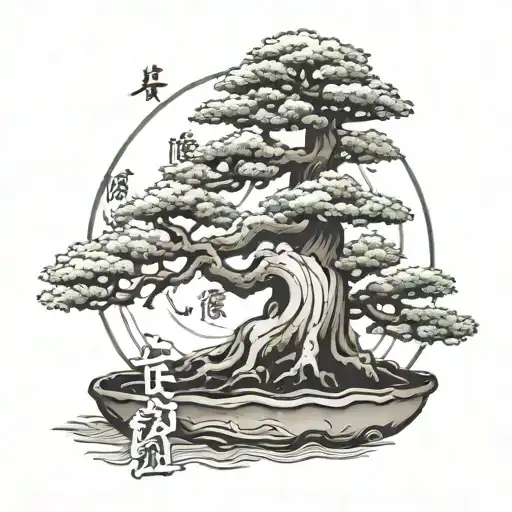 Bonsai Tree With Japanese Letters Around It
