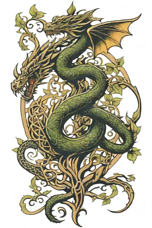Dragon Wrapping Through A Celtic Tree Of Life Intertwined