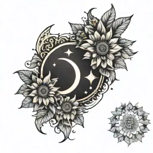 Crescent Moon Above Sunflowers Mandala Style