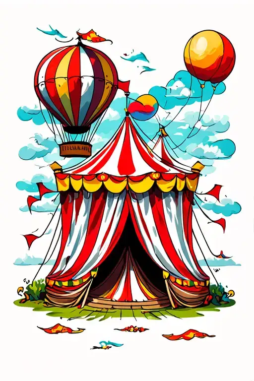 Red And White Circus Tent And A Hot Air Balloon With Lots Of Color Saturation