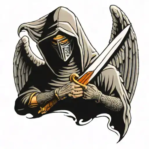 Angel With A Hood Covering Face With A Sword In Front Of Him