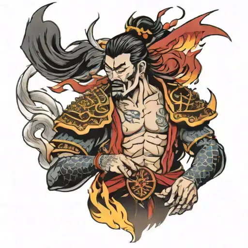 Samurai Breathing Fire Surrounded With Scales Adorned In Armor