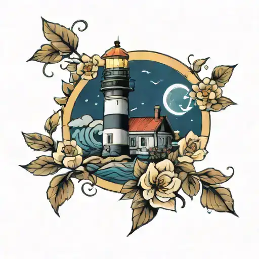 Lighthouse With Flowers And Lightning In The Background