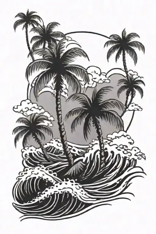2 Palm Trees With Waves In Background Black And White