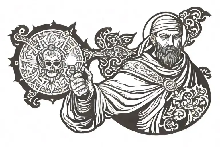 Design An Orthodox Bulgarian Monk Holding A Torch And A Sword