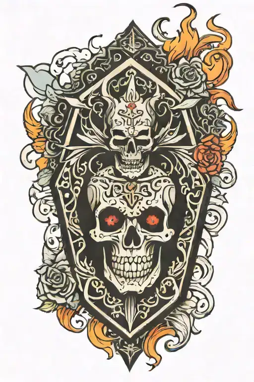 Black Coffin With Amigo The Devil Logo On It Surrounded By Flamed