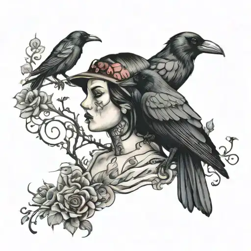 Realistic 3D Tattoo Woman With Raven On White Background