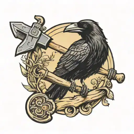 A Raven Sits On The Handle Of An Ax Stuck In The Ground