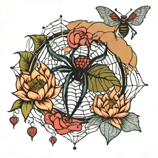 Spider Web With Lotus Flowers And Spider