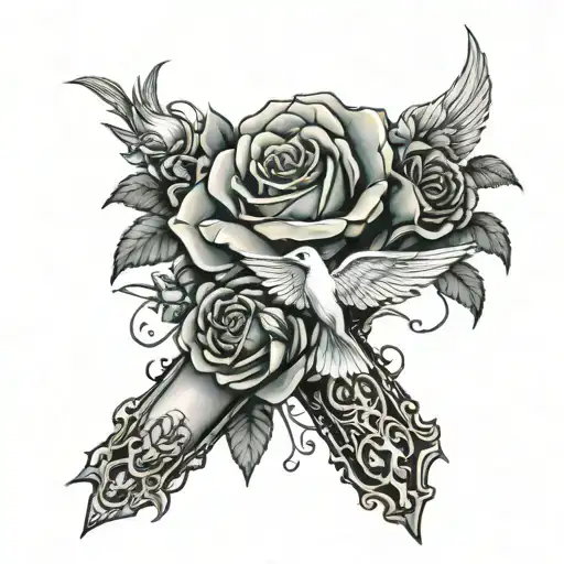 Roses At The Bottom Forearm Half Sleeve With Praying Hands And Rosery And A Dove And Cross Above