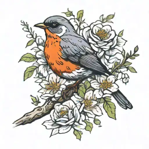Robin On A Branch With Birth Flowers Growing