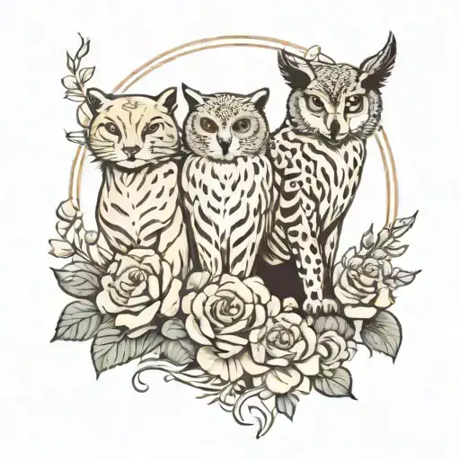 Lionesses And Owl Perched On Top With Flowers Surrounding