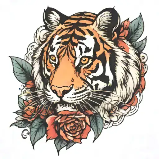 A Red Flower And Tiger Emerging