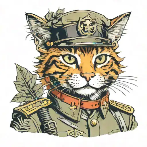 Cat In Military Uniform Against The Background Of The Forest