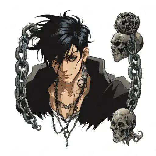 Boy With Black Hair And Dark Blue Eyes In Chains And Lace