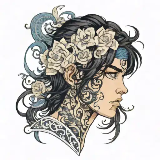 Boy With Black Hair And Dark Blue Eyes Wearing White Lace