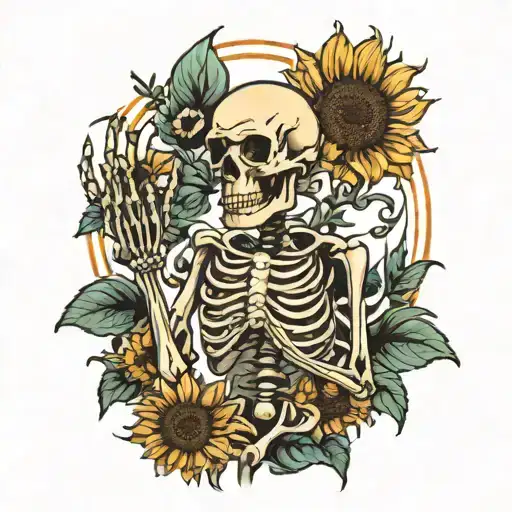 Skeleton Growing In A Field Of Sun Flowers Hold Up One Hand With A Single Sun Flower In His Hand