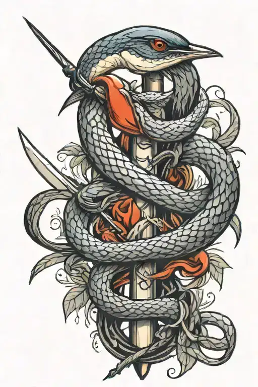 Snake And Dagger Intertwined With Two Swallows