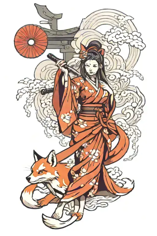 9 Tailed Fox Over A Torii And A Sensual Kitsune Girl Full Body With A Katana