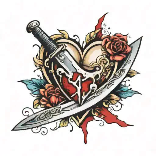 A Tattoo Of A Knife Inside A Heart And Blood Spilled From A Sword