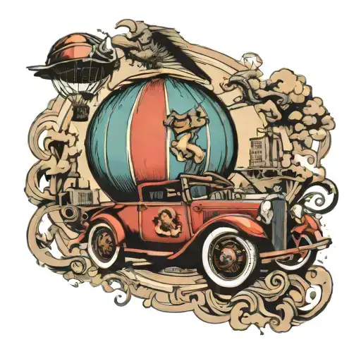 Hot Air Baloon With Carpentry Tools And Classic Cars With Dragon