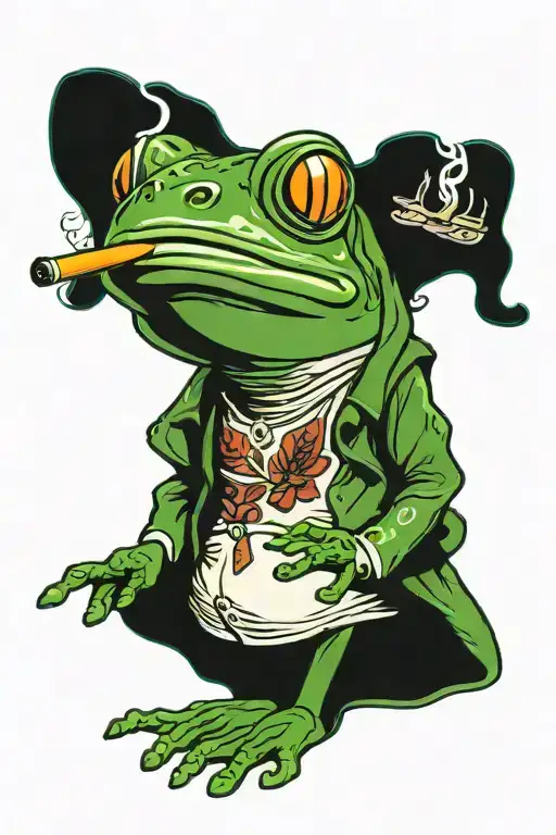A Dark Green Frog Standing But Shoulders Sloched Smoking A Cigerette