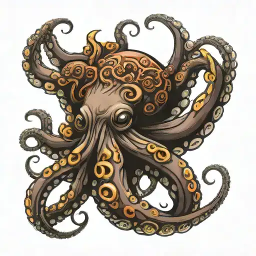 Octopus With Long Tentacles Drawing With Polynesian Trible Tattoo On Tentacles