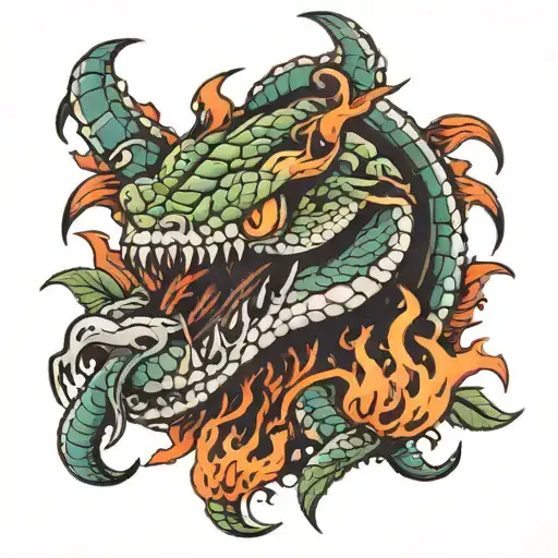 Snake Head With Dagger With Flames Behind