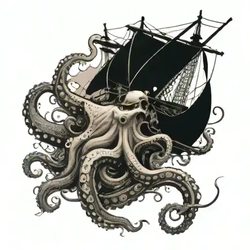 Giant Octopus Attacking Old Ship Tattoo Black And White