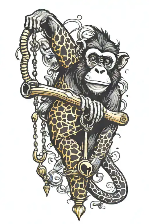 Monkey Hanging From Giraffe Horn