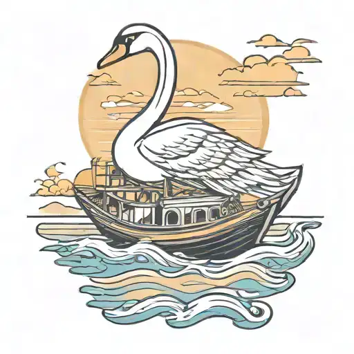 Swan Boat Sailing Towards Sunset Scene