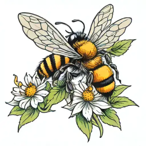 Bee With Three Daisy Flower