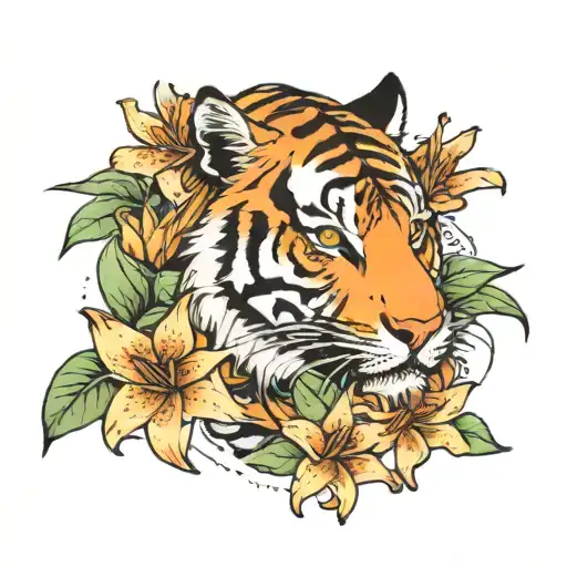 Tiger With Lilies