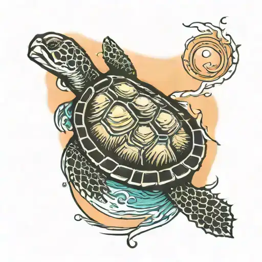 Turtle Swiming Near A Old Boatshed With A Sunset