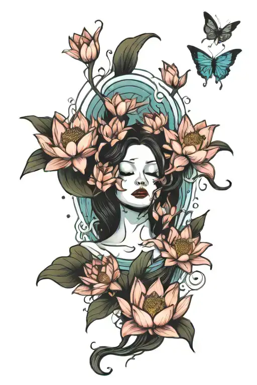 Drowning Lady With No Face Surrounded By Lotus Flowers