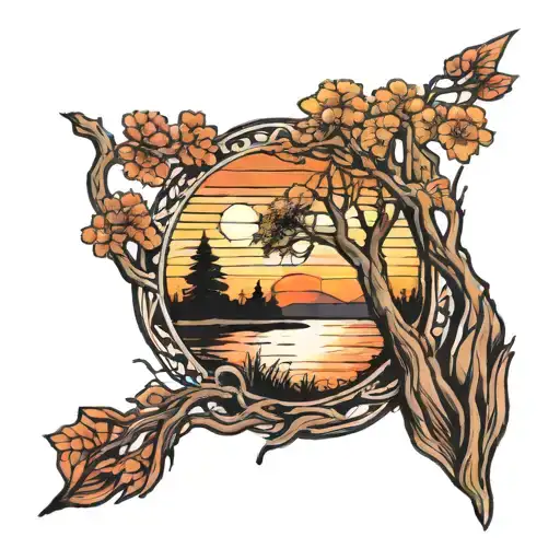 Arm Sleeve Trees Colors Sunset Over Lake