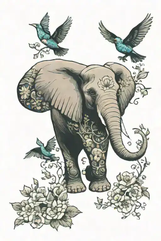 Elephant With Flowers Blooming Out Trunk And Birds Flying