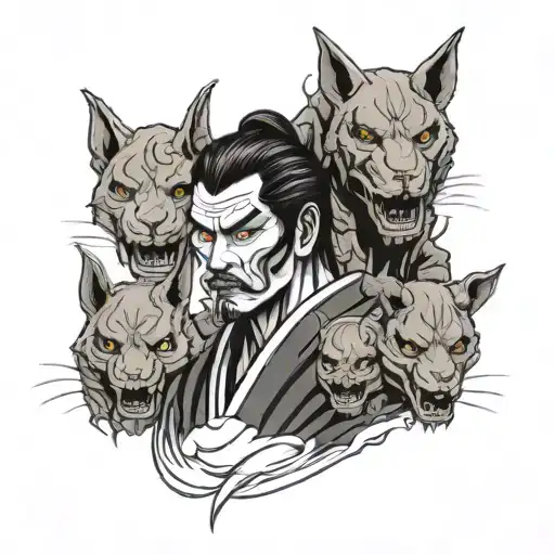 Samurai With Skull Head Surrounded By Cerberus Head