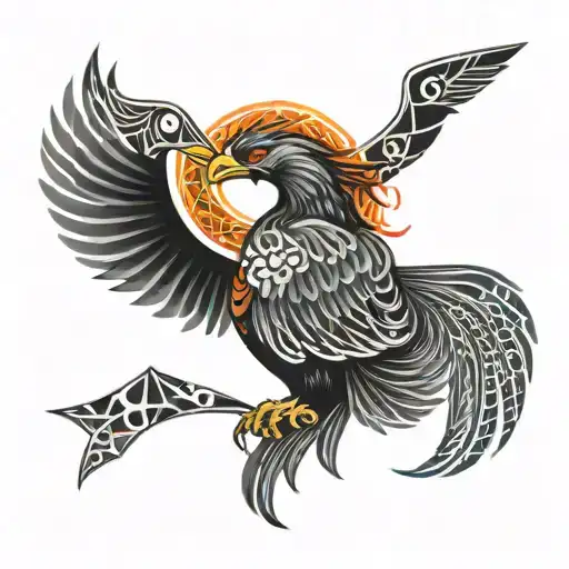Phoenix With Outstretched Wings And Geometric Pattern Around