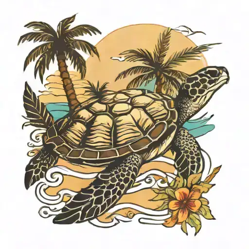 Sea Turtle Swimming Away With Palm Tree