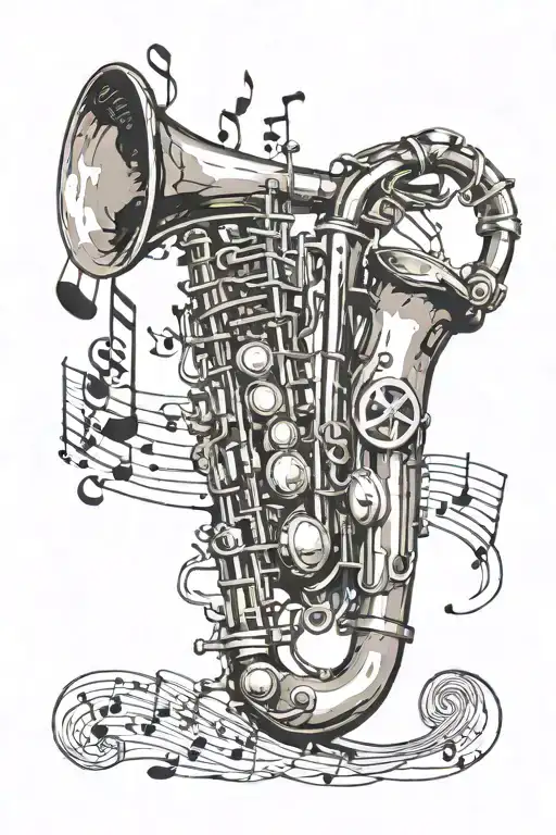 Music Notes Flowing With Saxophone And A Trumpet Coming Out Of His Wrist