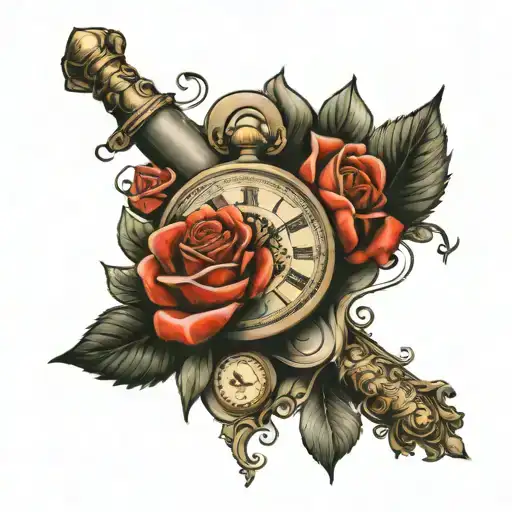 Half Sleeve With The Year 2005 Roman Numberals With Roses And A Pocket Watch