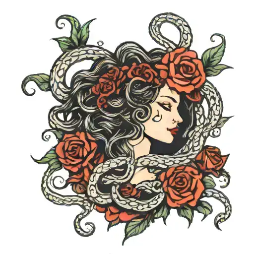 Medusa With Snakes And Roses In The Leg