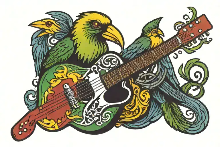 Guitar With 3 Birds Perched In Front Of Reggae Flag