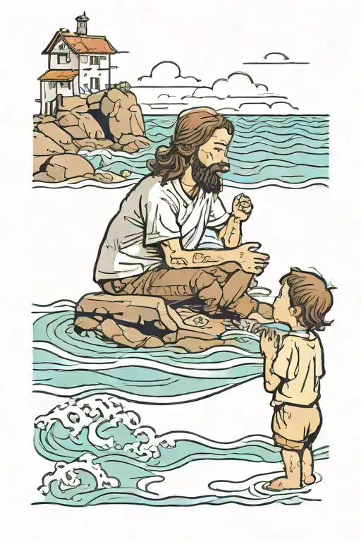 A Kid Watching The Sea With Jesus Watching Him From The Up
