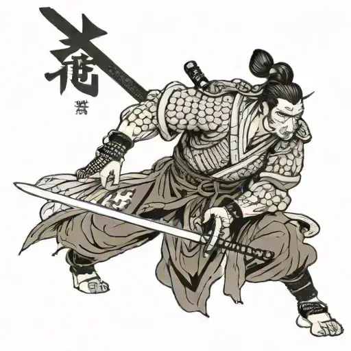A Samurai Holding A Sword In The Middle And A Japanese Text Covering The Arm From Left To Right