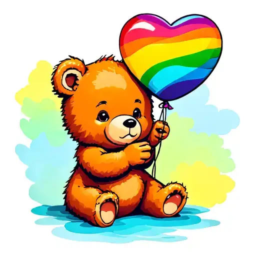 A Baby Bear Sitting Holding A Rainbow Colored Heart Balloon