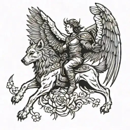 An Archangel Riding A Ferocious Beast Like A Wolf