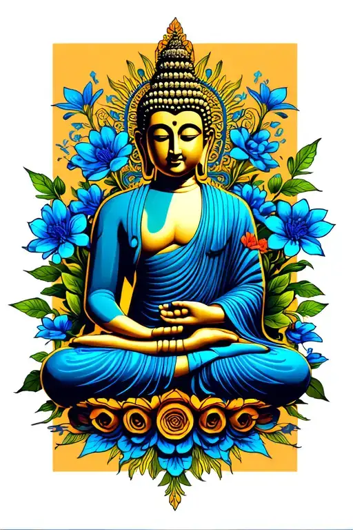 Buddha Surrounded By Blue Flowers Growing